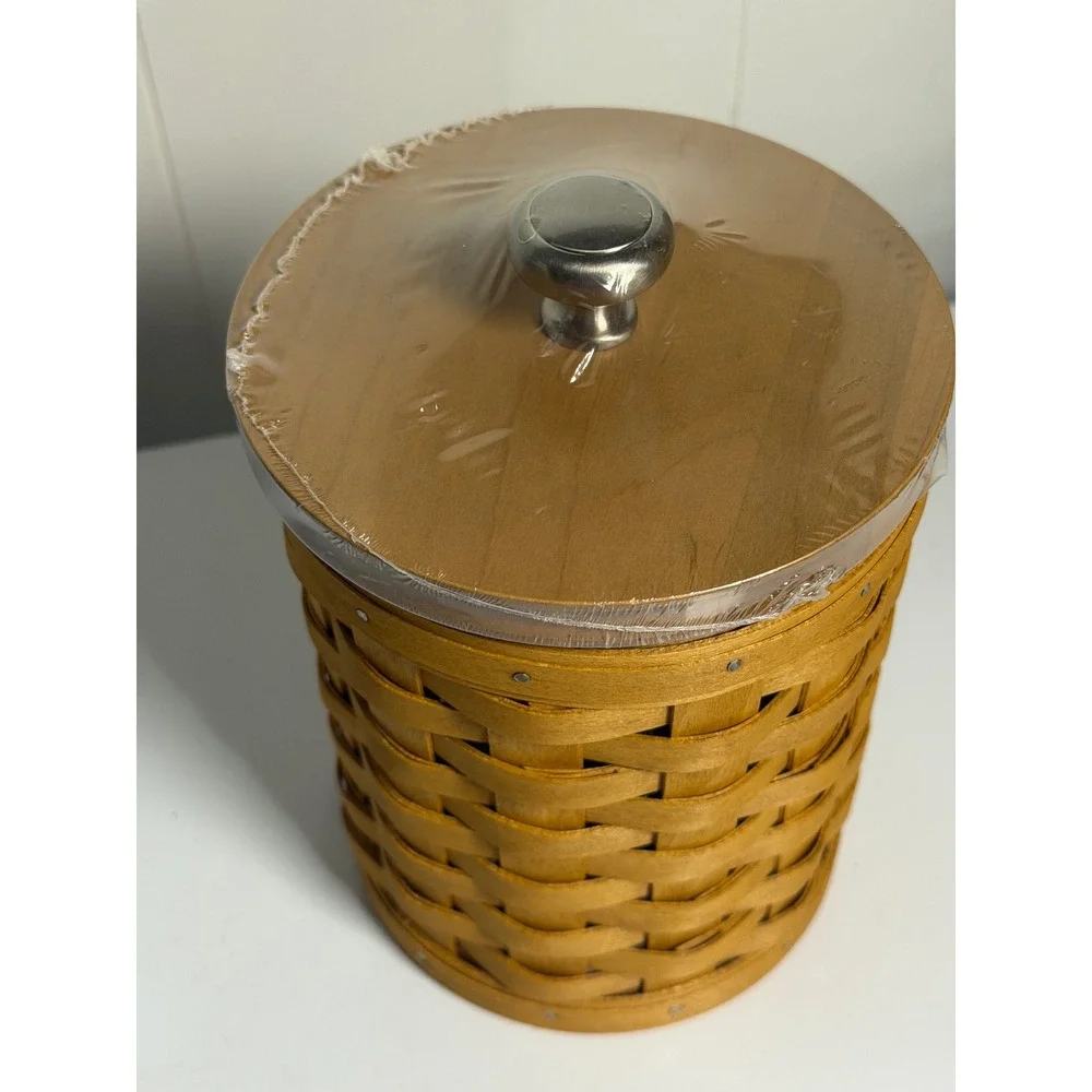 Longaberger Small Canister Basket Brown Wood Woven Kitchen Storage Lid 2004